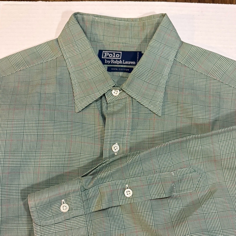 VINTAGE Polo Ralph Lauren Shirt Mens Size L Green Long Sleeve 100% Cotton Pocket - Picture 2 of 9